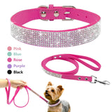 Didog - Juego de collar y correa de piel de gamuza para cachorros y perros, ajustable, con diamantes de imitación, para gatos, correas para caminar para mascotas pequeñas y medianas, talla XS y SM 