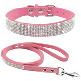 Didog Suede Leather Puppy Dog Collar Leash Set Adjustable Rhinestone Cat Collars Walking Leashes For Small Medium Pets XS S M