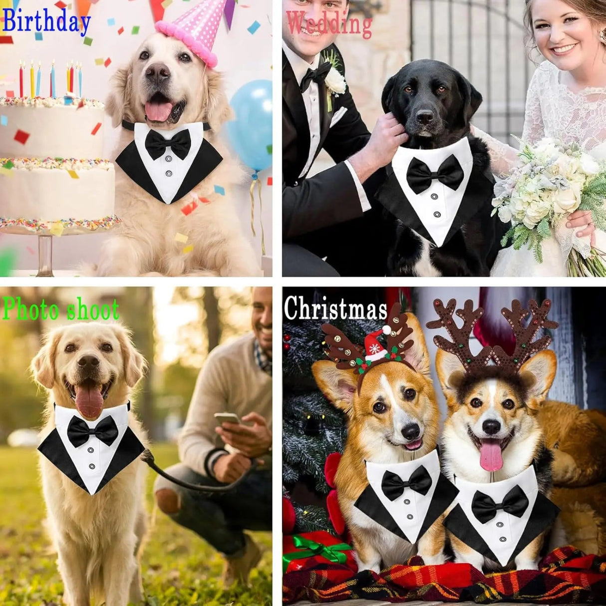 Dog Tuxedo Costume Black Wedding Dog Bandana with Collar Bow Tie Adjustable Tux Formal Dog Clothes for Small Medium Large Dogs