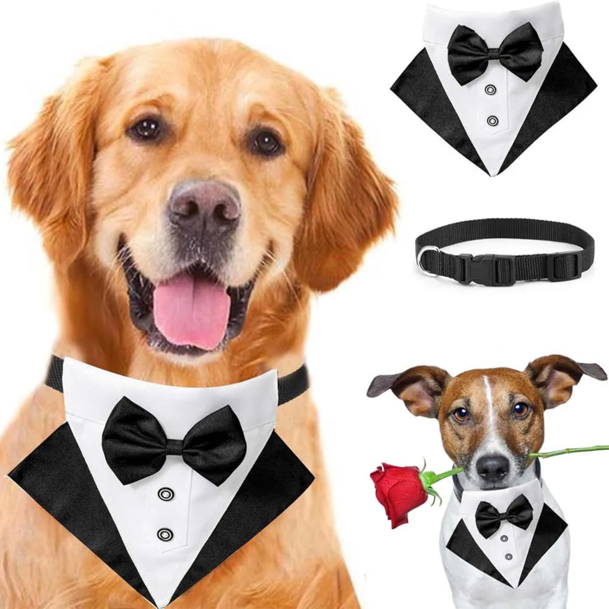 Dog Tuxedo Costume Black Wedding Dog Bandana with Collar Bow Tie Adjustable Tux Formal Dog Clothes for Small Medium Large Dogs