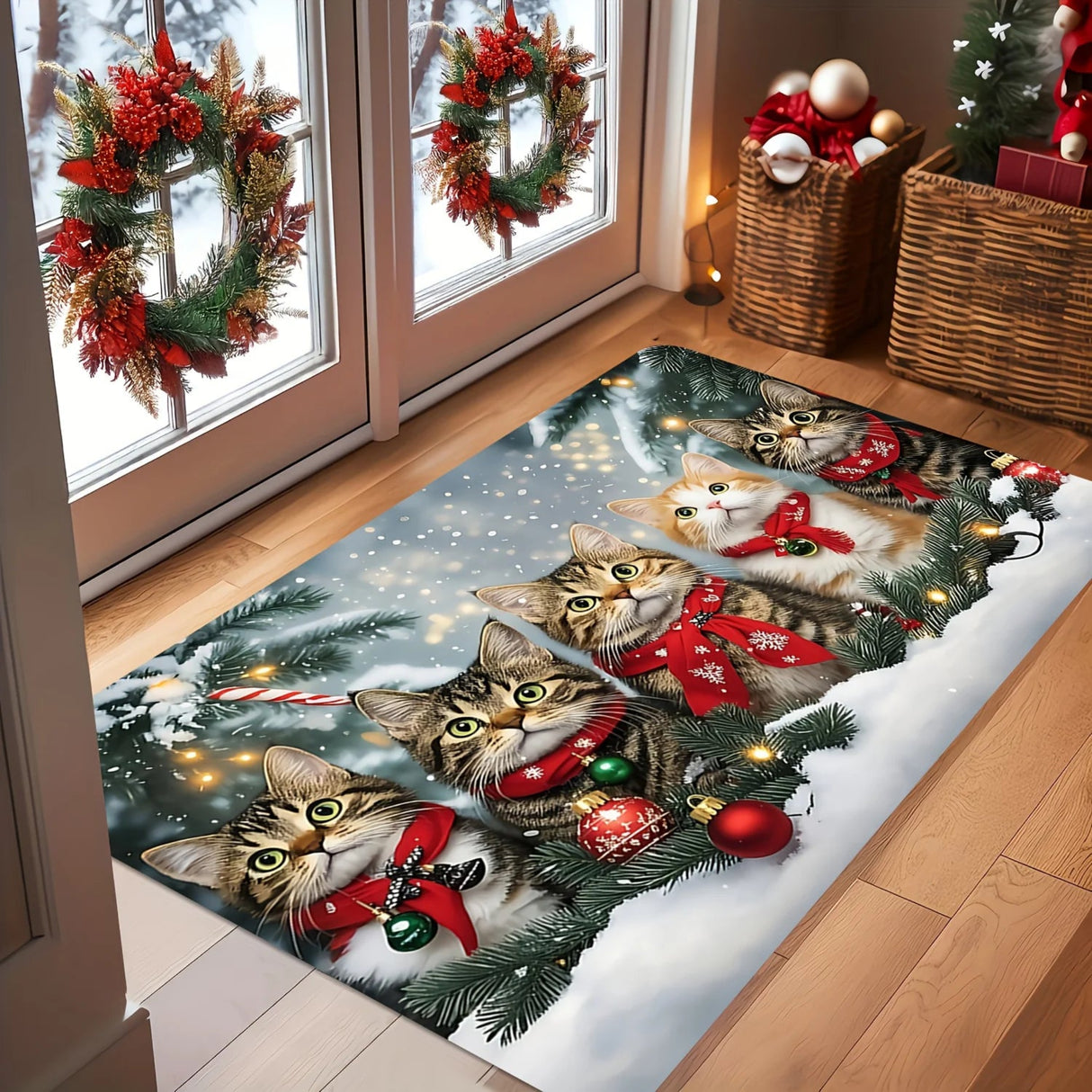 VIKAMA Christmas Cute Cat Rug, Indoor and Outdoor Entrance Carpet, Bathroom Floor Mat, Soft and Water-Resistant Home Decoration