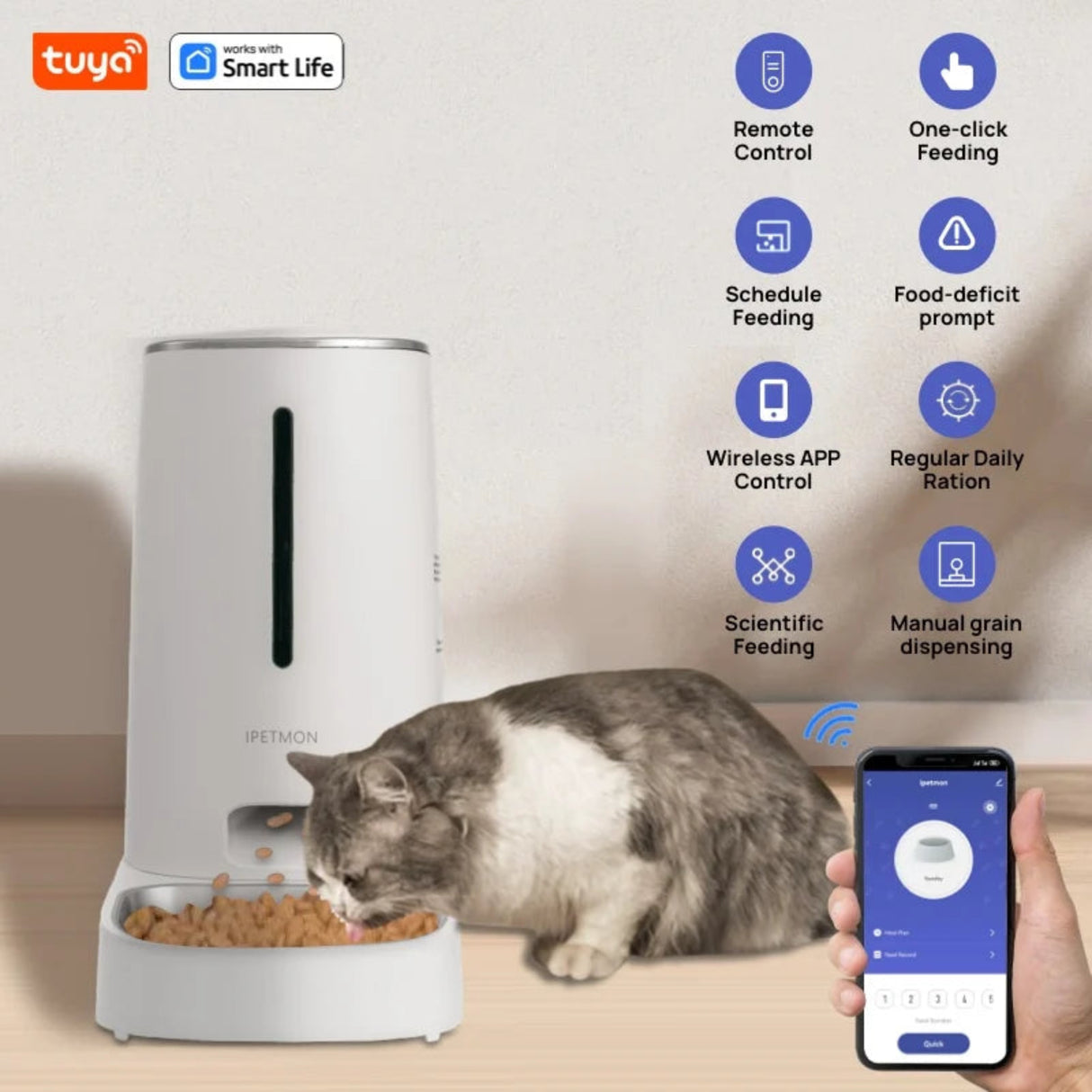 Comedero para mascotas de 4 l con Wi-Fi habilitado para gatos y perros, control mediante aplicación, cuencos de acero inoxidable, alarma de poca comida, Smart Life