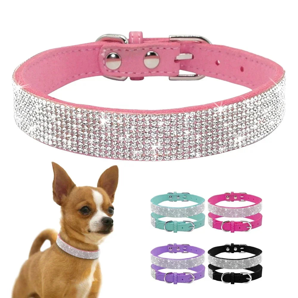 Collar de perro de fibra de gamuza con cristales y diamantes de imitación, cómodo collar con hebilla de aleación de zinc para perros pequeños y gatos, talla XXS-L