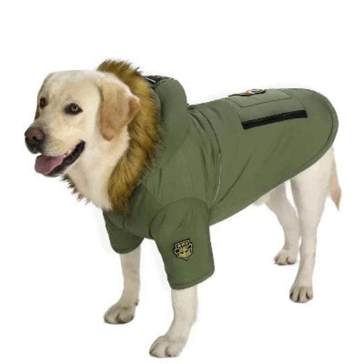 Chaqueta de invierno con capucha para perros, cálida y resistente al agua, con cuello de piel, ropa navideña para perros con insignia, accesorios más gruesos para perros grandes