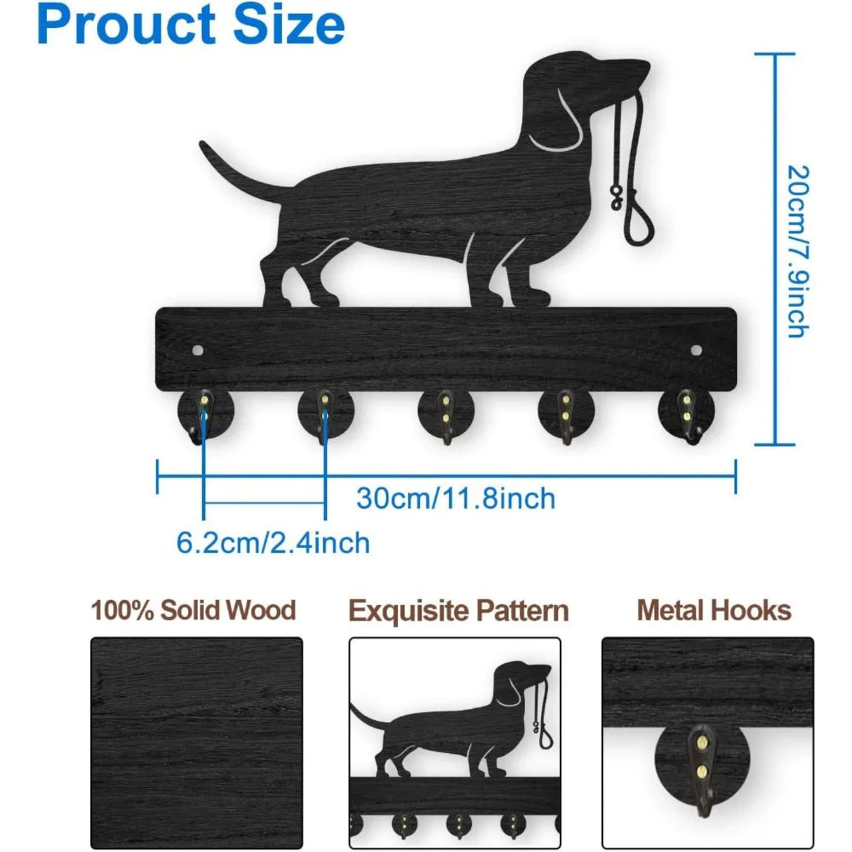 Perchero de pared de madera para perros de 11,8 × 8 pulgadas, soporte para llaves para mascotas, ganchos para llaves de pared con 5 ganchos de aleación, soporte para correa de perro para pared