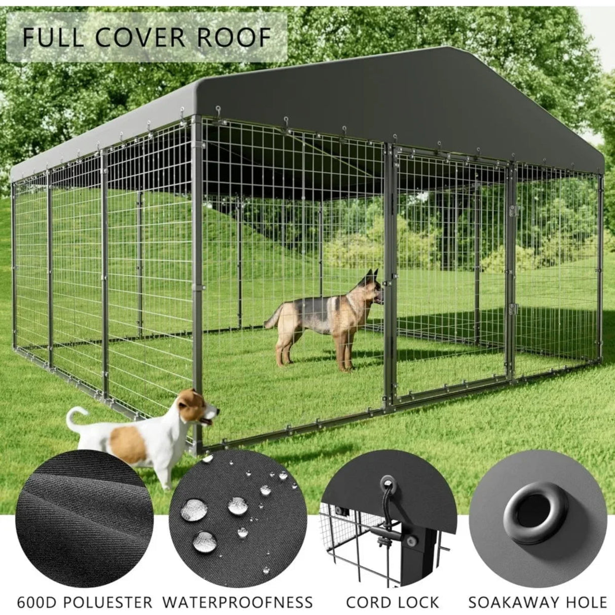 Large Outdoor Dog Kennel,W 118" x D 118" x H 70" Heavy Duty Dog Cage with Roof,Galvanized Steel Dog Fence Double Safety Locks