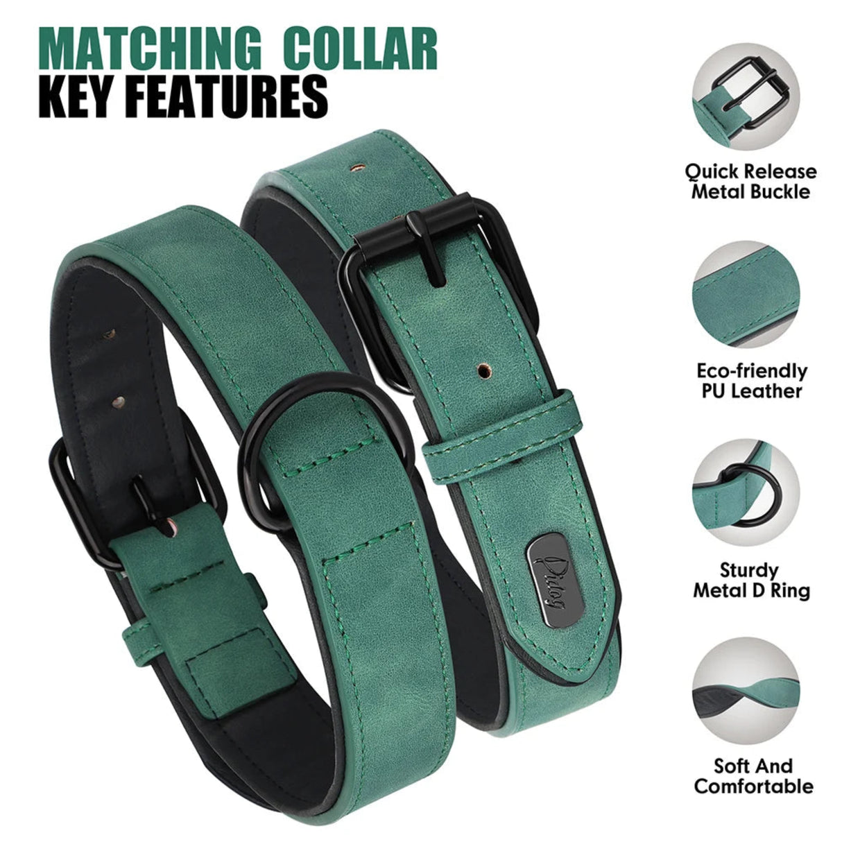 Juego de collar y correa de cuero sintético para perros, collares suaves y acolchados para cachorros, collar ajustable para mascotas con correa para caminar para perros pequeños y grandes, Pug