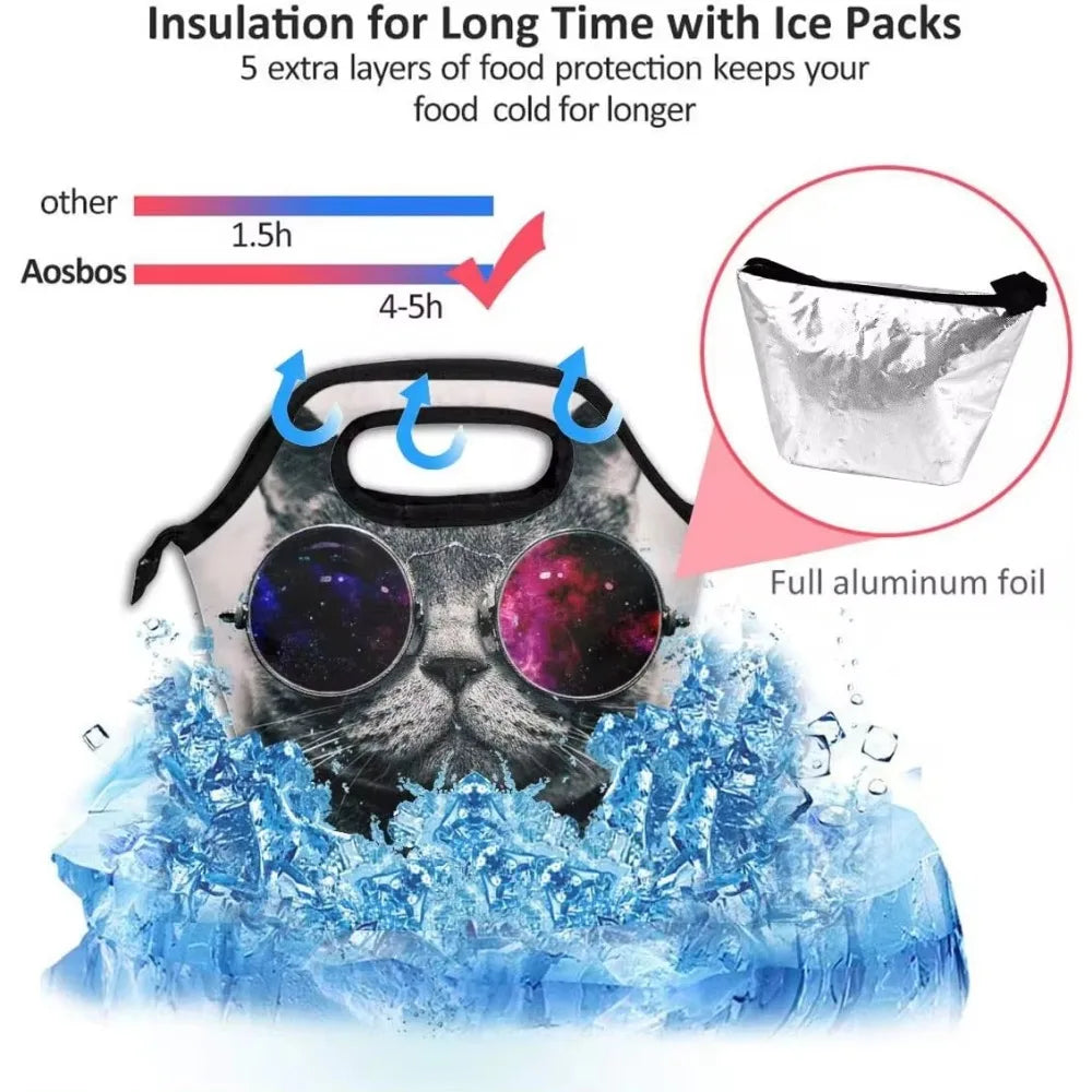 Lunch Bags for Women Men Sunglasses Cat Lunch Box Tote Insulated Reusable Leakproof Cooler Shoulder Strap Lunch Pail Container