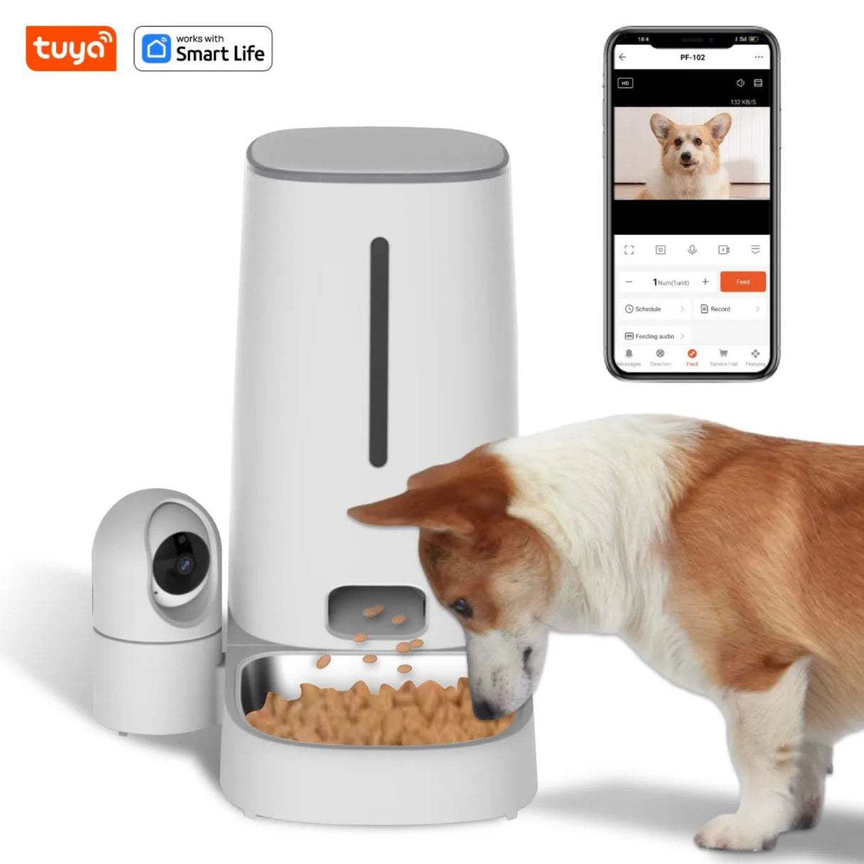 Comedero para mascotas de 4 l con Wi-Fi habilitado para gatos y perros, control mediante aplicación, cuencos de acero inoxidable, alarma de poca comida, Smart Life