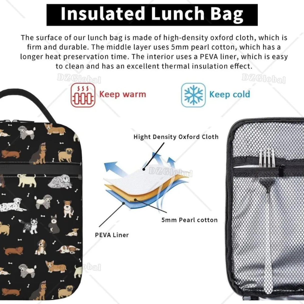 Cute Dogs Thermal Lunch Bag Puppy Pets Lunch Box Portable Insulated Meal Bag Food Container for School Work Picnic Travel