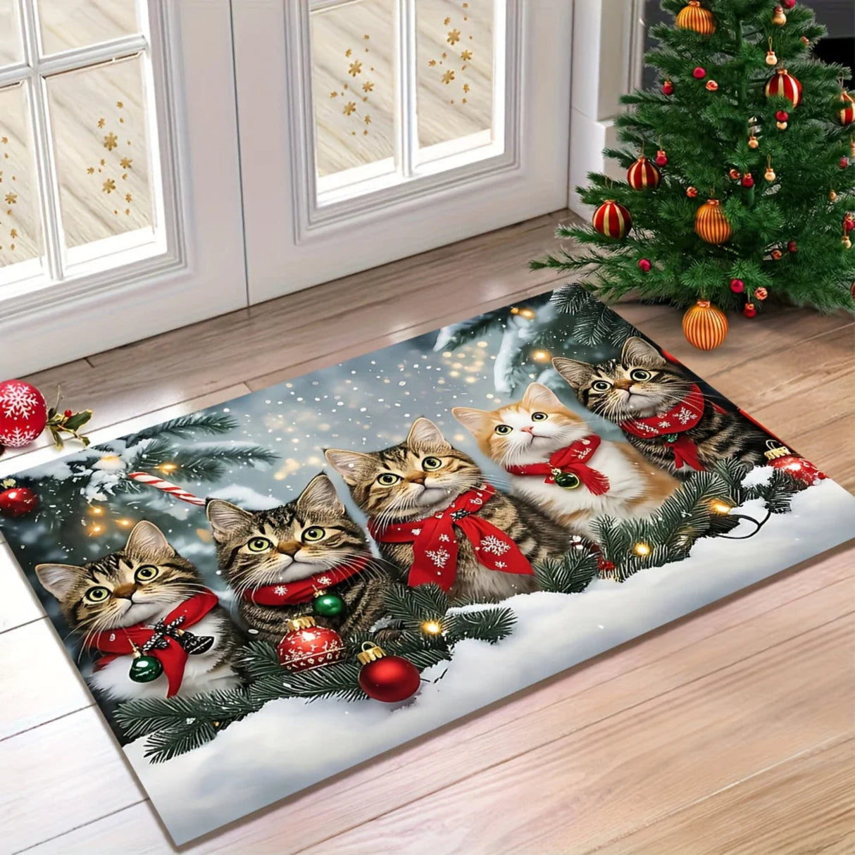 VIKAMA Christmas Cute Cat Rug, Indoor and Outdoor Entrance Carpet, Bathroom Floor Mat, Soft and Water-Resistant Home Decoration