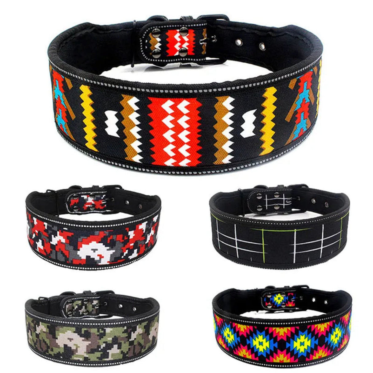 Cómodo collar para perros acolchado de neopreno con estampado reflectante de moda, collar ancho para mascotas, collar de entrenamiento para perros de nailon resistente y ajustable 