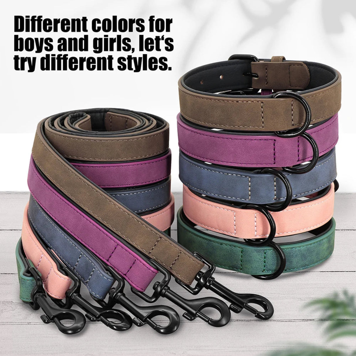 Juego de collar y correa de cuero sintético para perros, collares suaves y acolchados para cachorros, collar ajustable para mascotas con correa para caminar para perros pequeños y grandes, Pug