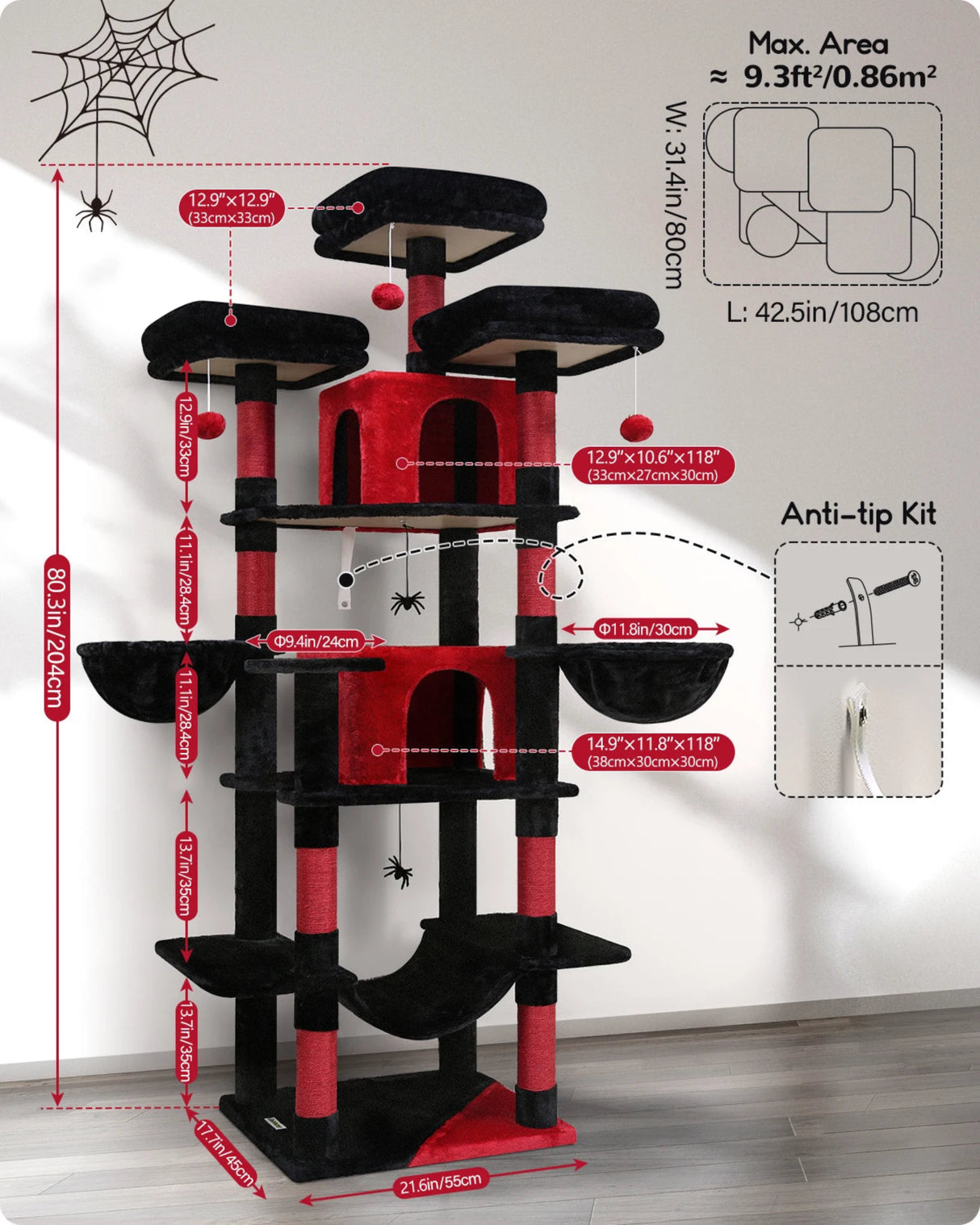 F80 Gothic Cat Tree, 80inch Goth Cat Tower for Indoor Cats Multiple Adult Cats XXL Halloween Cat Tree Large Cat Tower