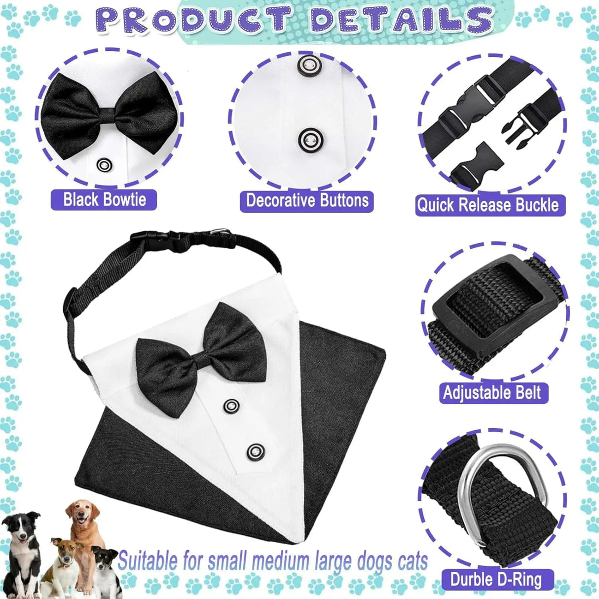 Dog Tuxedo Costume Black Wedding Dog Bandana with Collar Bow Tie Adjustable Tux Formal Dog Clothes for Small Medium Large Dogs