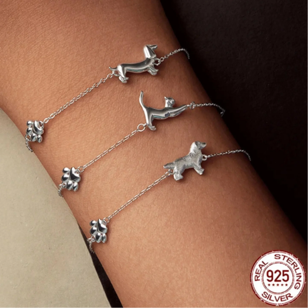 WOSTU Solid 925 Sterling Silver Cute Cat Dog Bracelet For Women Pet Paw Links Girl dachshund Charm Chains Daughter Birthday Gift