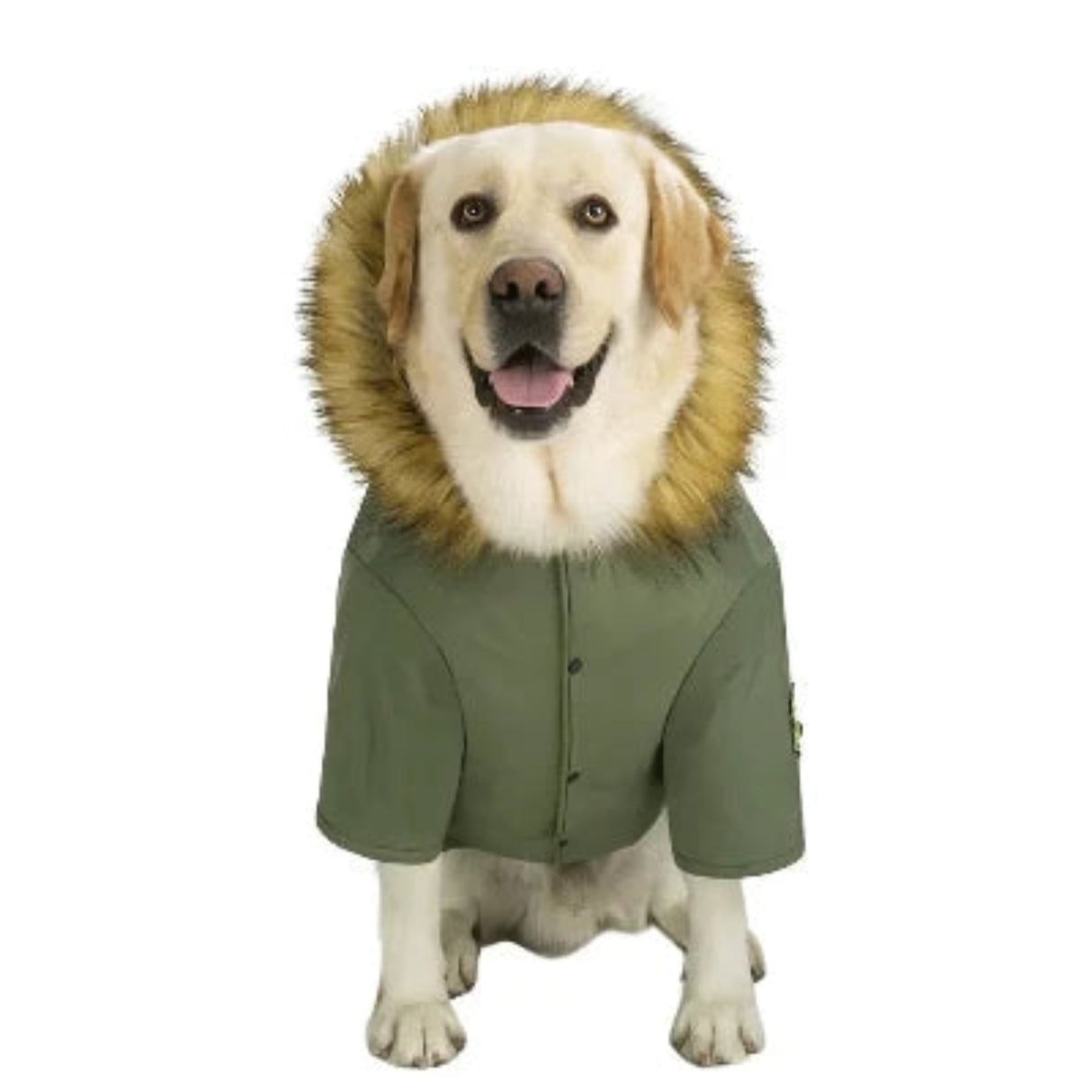 Chaqueta de invierno con capucha para perros, cálida y resistente al agua, con cuello de piel, ropa navideña para perros con insignia, accesorios más gruesos para perros grandes