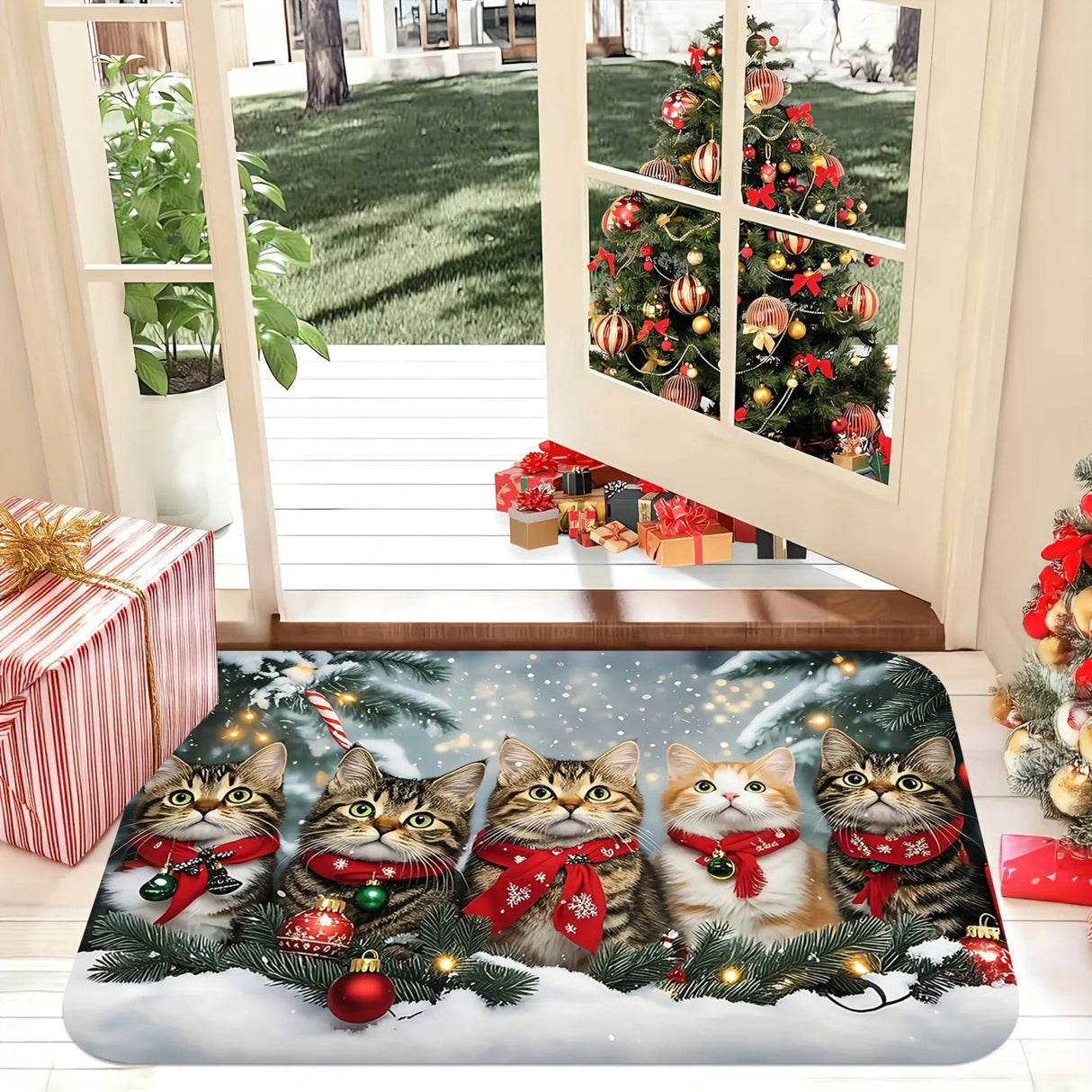 VIKAMA Christmas Cute Cat Rug, Indoor and Outdoor Entrance Carpet, Bathroom Floor Mat, Soft and Water-Resistant Home Decoration