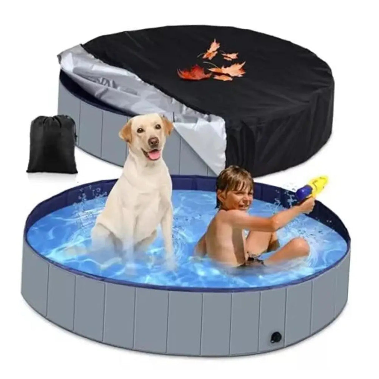 Cubierta de piscina plegable portátil redonda y plegable con material de tela Oxford y diseño de cordón para piscina para perros y mascotas, impermeable y 