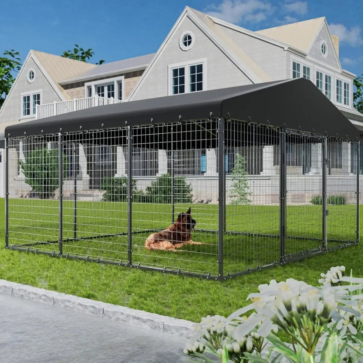 Large Outdoor Dog Kennel,W 118" x D 118" x H 70" Heavy Duty Dog Cage with Roof,Galvanized Steel Dog Fence Double Safety Locks