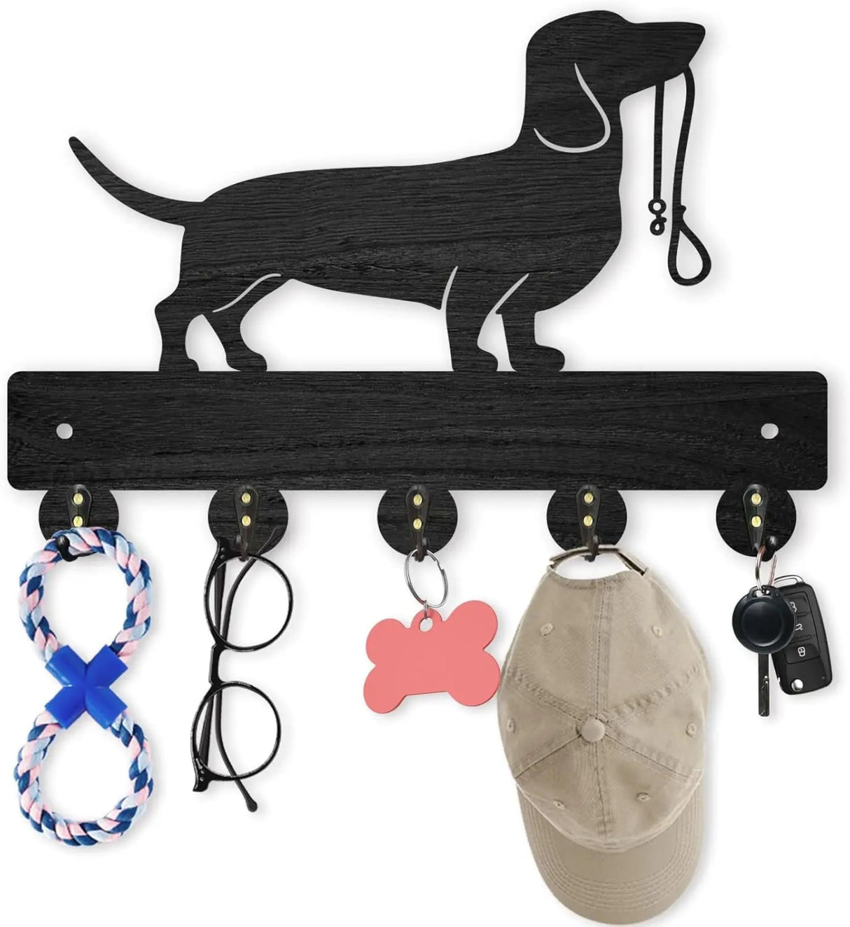 Perchero de pared de madera para perros de 11,8 × 8 pulgadas, soporte para llaves para mascotas, ganchos para llaves de pared con 5 ganchos de aleación, soporte para correa de perro para pared