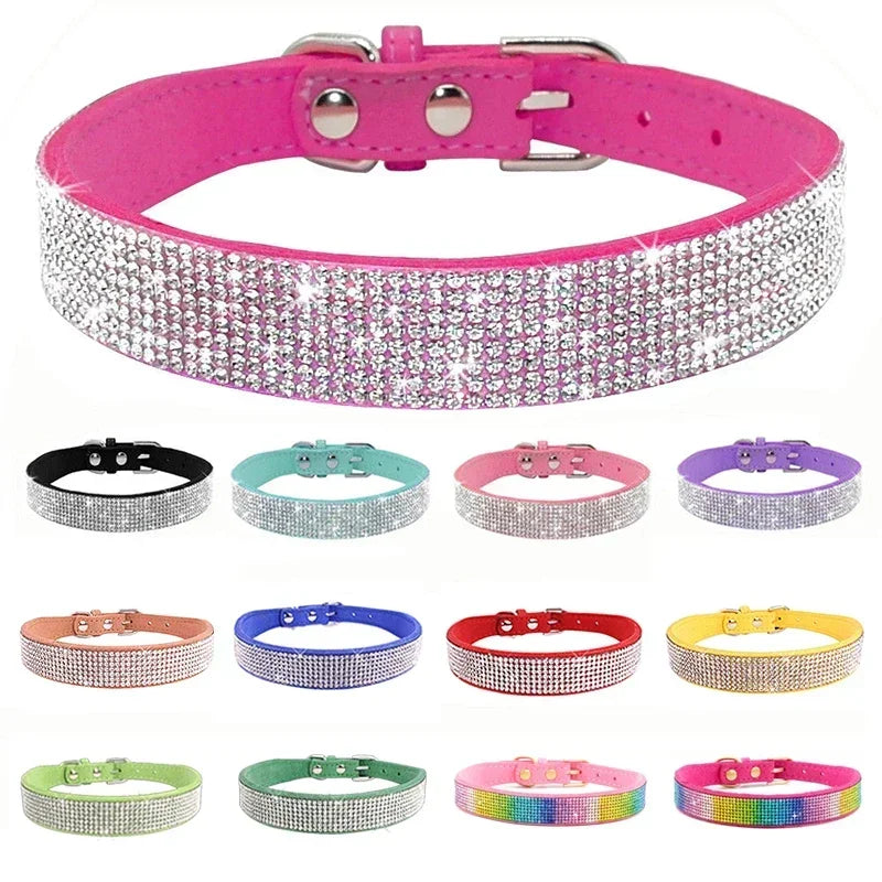 Collar de perro de fibra de gamuza con cristales y diamantes de imitación, cómodo collar con hebilla de aleación de zinc para perros pequeños y gatos, talla XXS-L