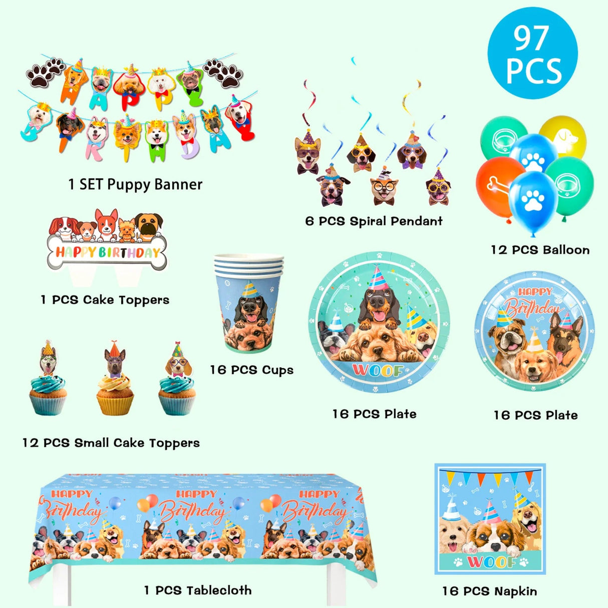 Puppy Birthday Party Supplies for Kids,97pcs Birthday Party Supplies&Tableware Set Dog Party Plates Cups Napkins Banner Balloon