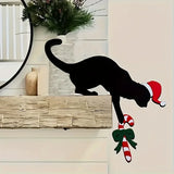 Fun Charming Cat Shaped Christmas Door Corner Decoration-Rustic Imitation Wood, Perfect for Holiday Atmosphere