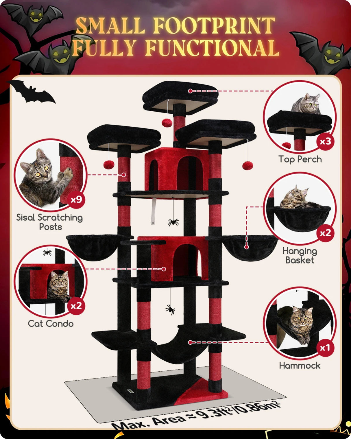 F80 Gothic Cat Tree, 80inch Goth Cat Tower for Indoor Cats Multiple Adult Cats XXL Halloween Cat Tree Large Cat Tower