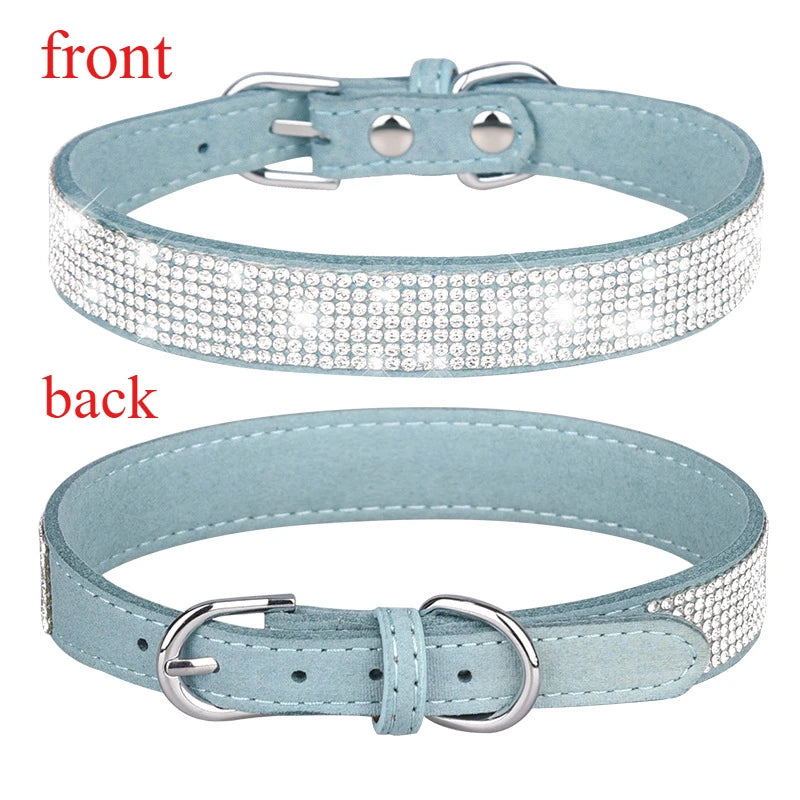 Suede Fiber Crystal Dog Collar Comfortable Glitter Rhinestone Dog Collars Zinc Alloy Buckle Collar for Small Dogs Cats XXS-L