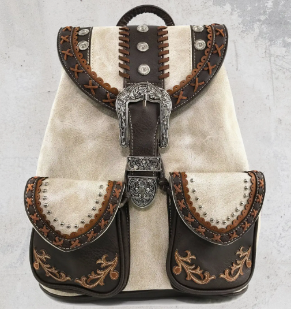 Western Leather Buckle Backpack Beige