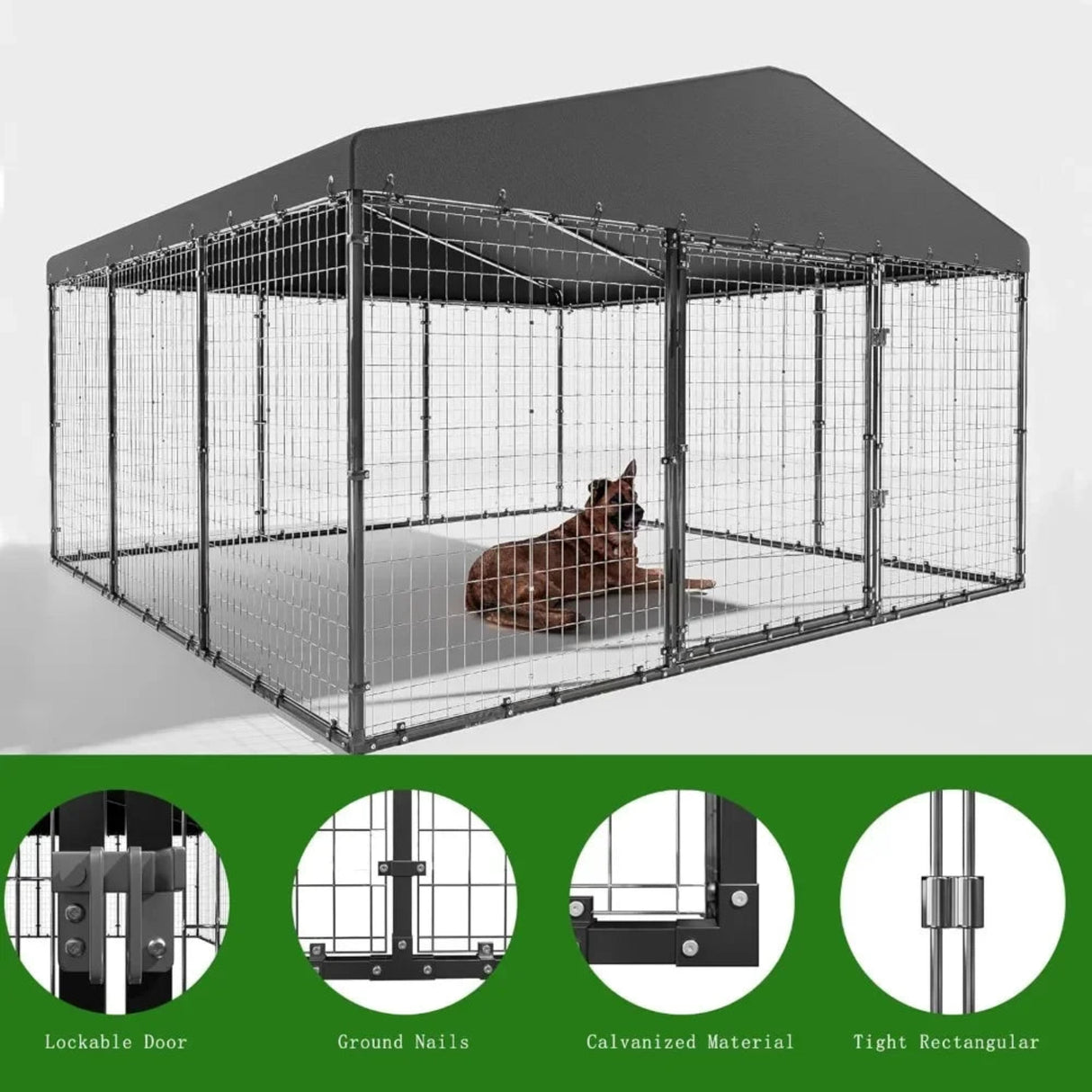 Large Outdoor Dog Kennel,W 118" x D 118" x H 70" Heavy Duty Dog Cage with Roof,Galvanized Steel Dog Fence Double Safety Locks