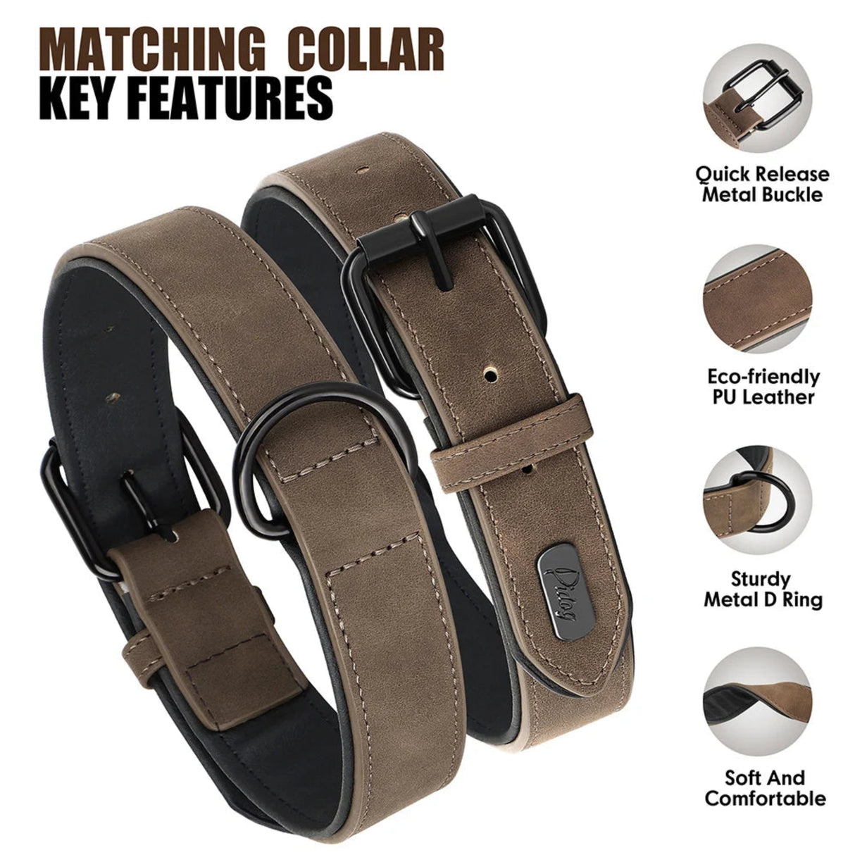 Juego de collar y correa de cuero sintético para perros, collares suaves y acolchados para cachorros, collar ajustable para mascotas con correa para caminar para perros pequeños y grandes, Pug