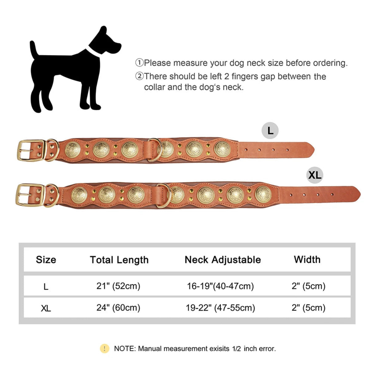 Collar de cuero auténtico para perros, collar de cuero genuino con púas y tachuelas, collar ajustable para perros grandes, medianos y grandes, Pug 