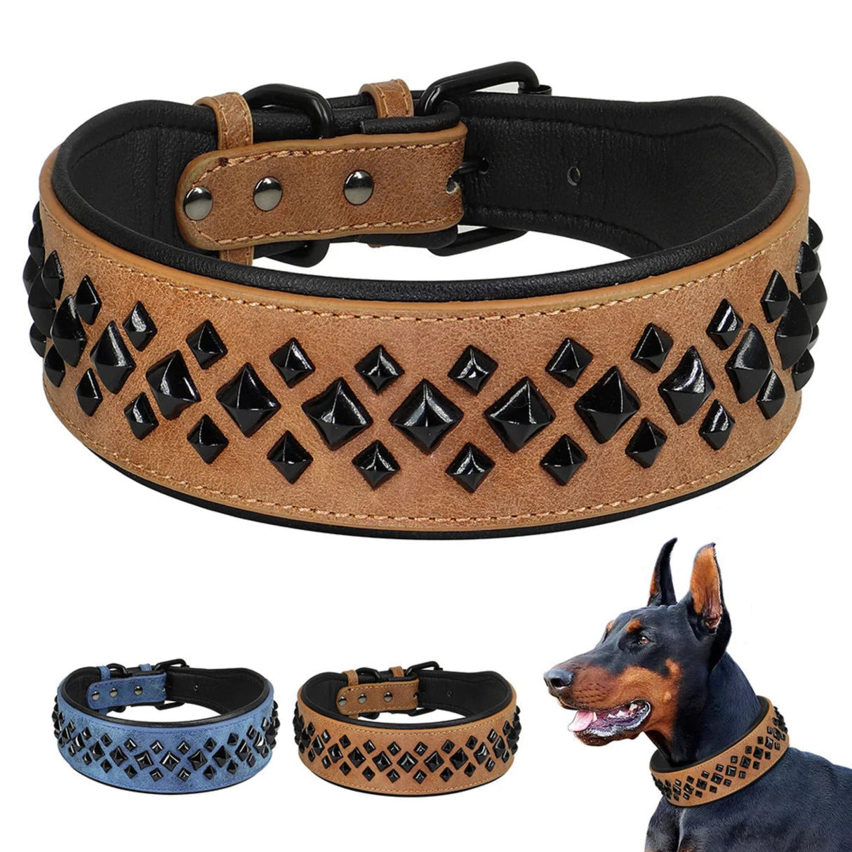 Collar de cuero auténtico con pinchos para perros grandes, duradero, acolchado, para entrenamiento de mascotas, para perros medianos y grandes, bulldog francés 