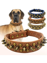 CP037-1--Vintage brass rivet heavy-duty adjustable pet dog collar, round head rivet paired with wear-resistant PU leather.
