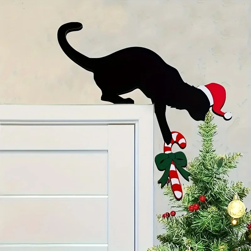 Fun Charming Cat Shaped Christmas Door Corner Decoration-Rustic Imitation Wood, Perfect for Holiday Atmosphere