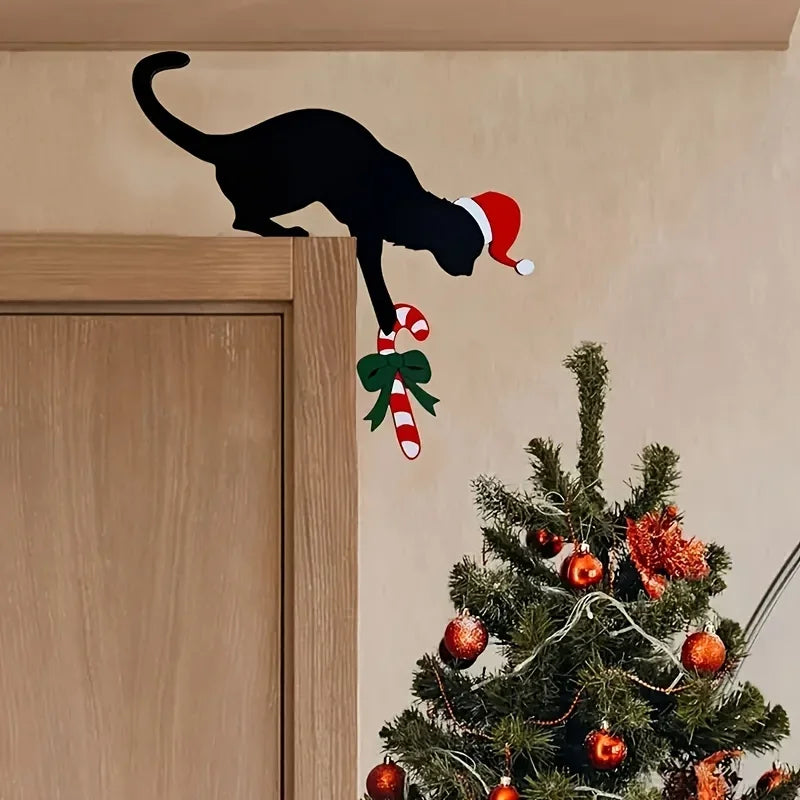 Fun Charming Cat Shaped Christmas Door Corner Decoration-Rustic Imitation Wood, Perfect for Holiday Atmosphere