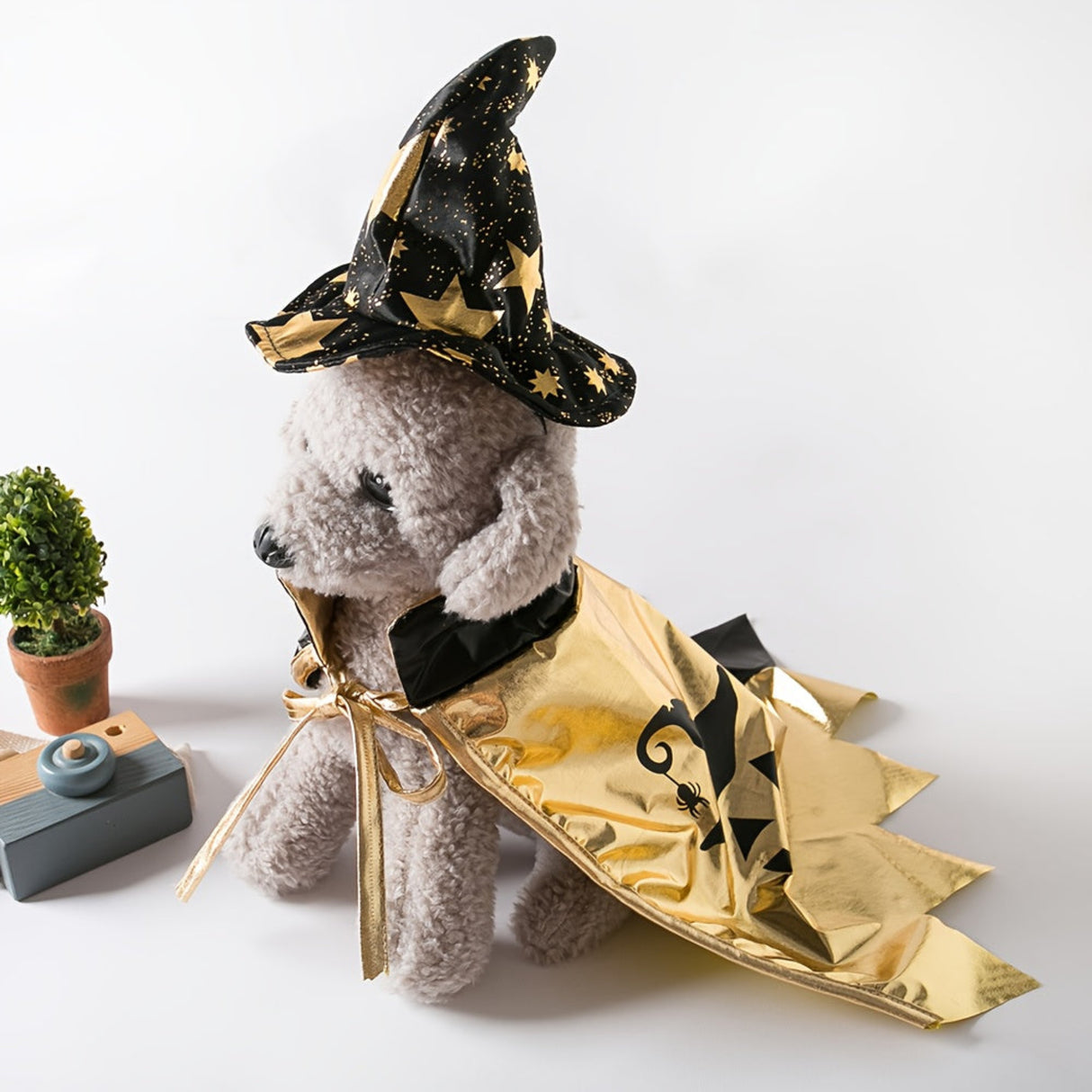 Cute Metal Golden Dog Costume with Witch Hat & Cape - Halloween Bat & Spider Print Pet Outfit, Polyester, Machine Washable, Perfect for Small Dogs, Halloween Dog Costume, Festive Pet Attire, Playful Design, Durable Pet Wear