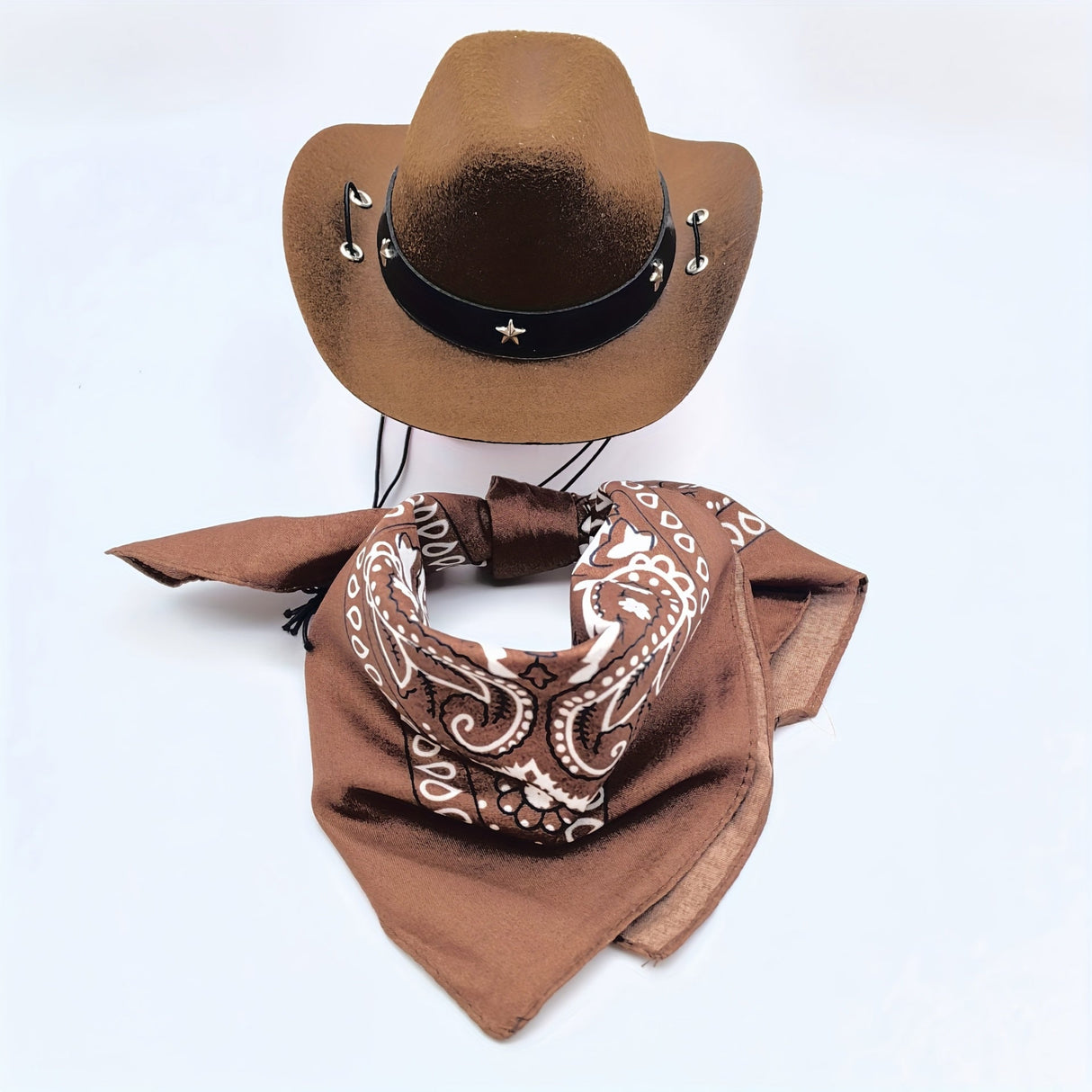 Western Cowboy Pet Hat Two-Piece Western Cowboy Style Pet Hat and Scarf Neck Gaiter | Machine Washable, Four-Season Polyester Knit Accessories, Suitable for Dogs and Cats - Breed-Specific Design with Drawstring