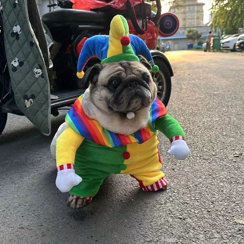 Halloween Clown Costume for Small Dogs & Cats - Funny Pet Costume with Jester Hat, Easy Slip-On Outfit, Soft Polyester Dog Clothes for Pug, Pomeranian, Chihuahua - Cute Halloween Party Costume