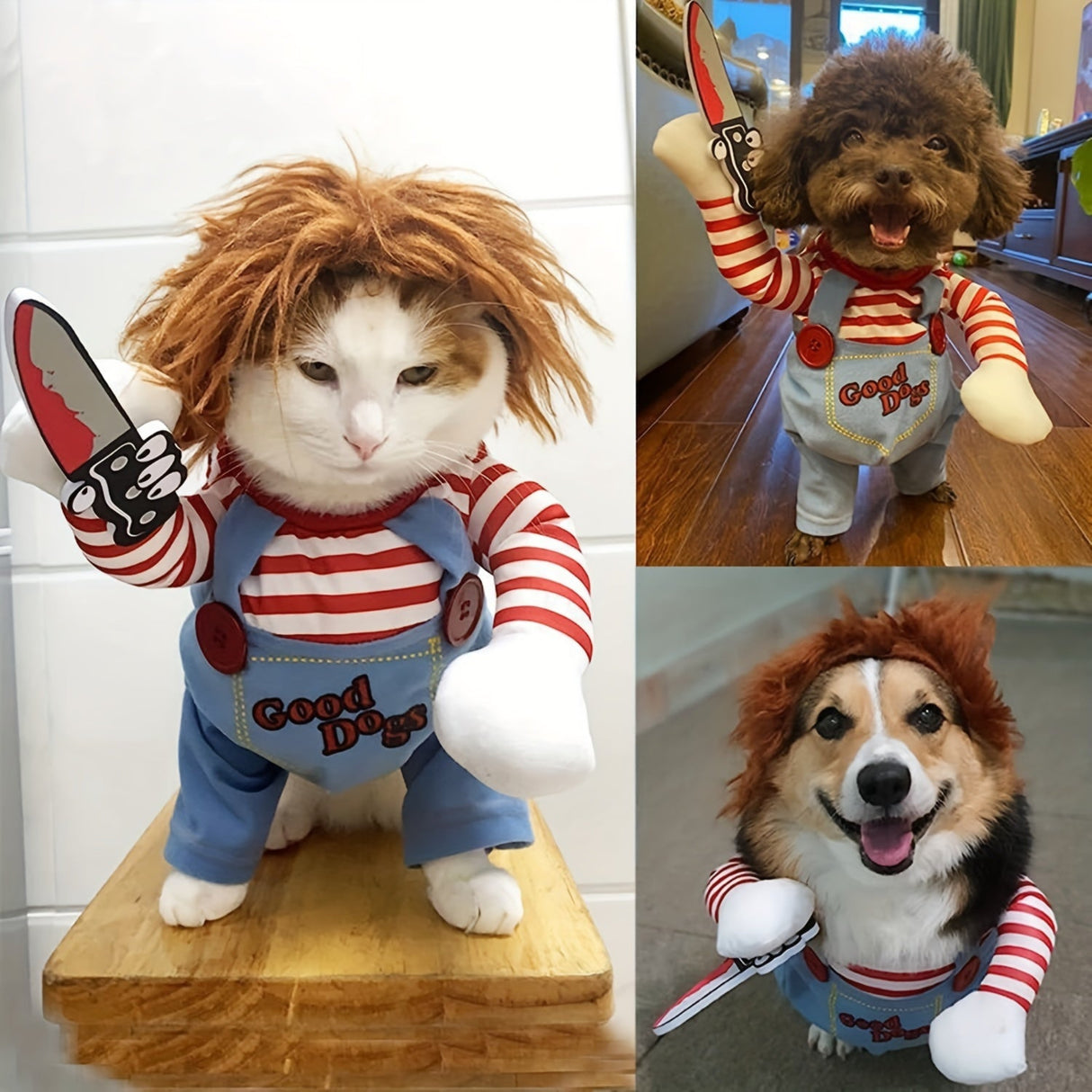 Halloween Deadly Doll Design Pet Dog Costume Halloween Clothes Wig And Knife Novelty Funny Scary Props Outfit Apparel Accessories