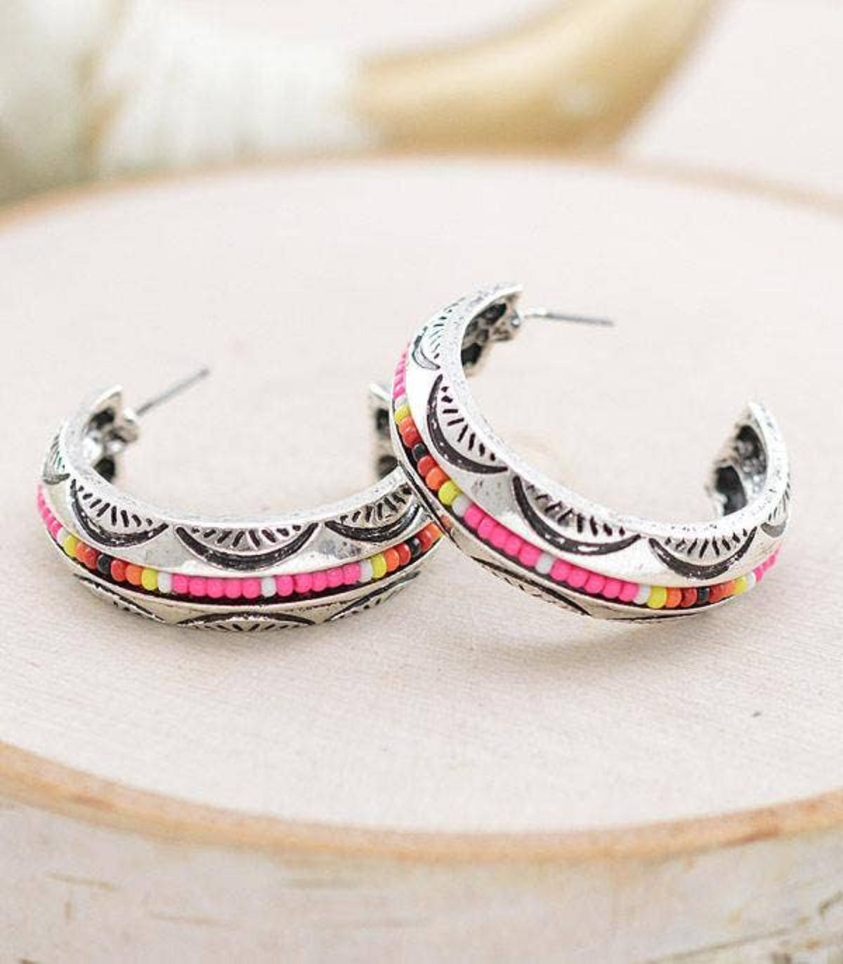 Aztec Pink Seed Bead Hoop Earrings