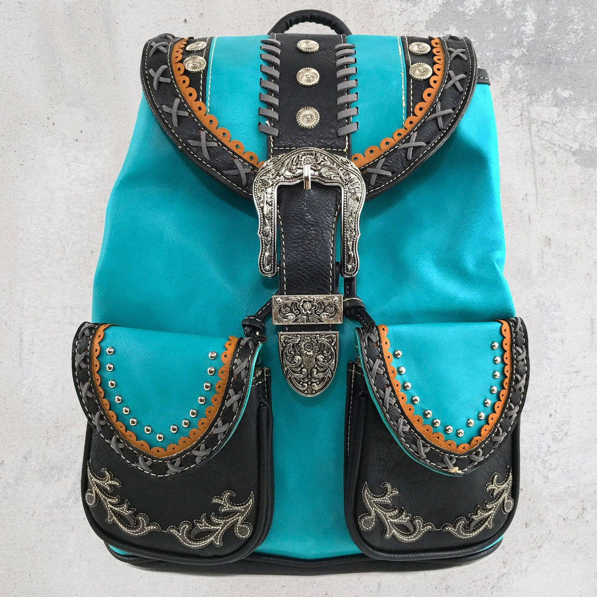 Western Leather Turquoise Buckle Backpack