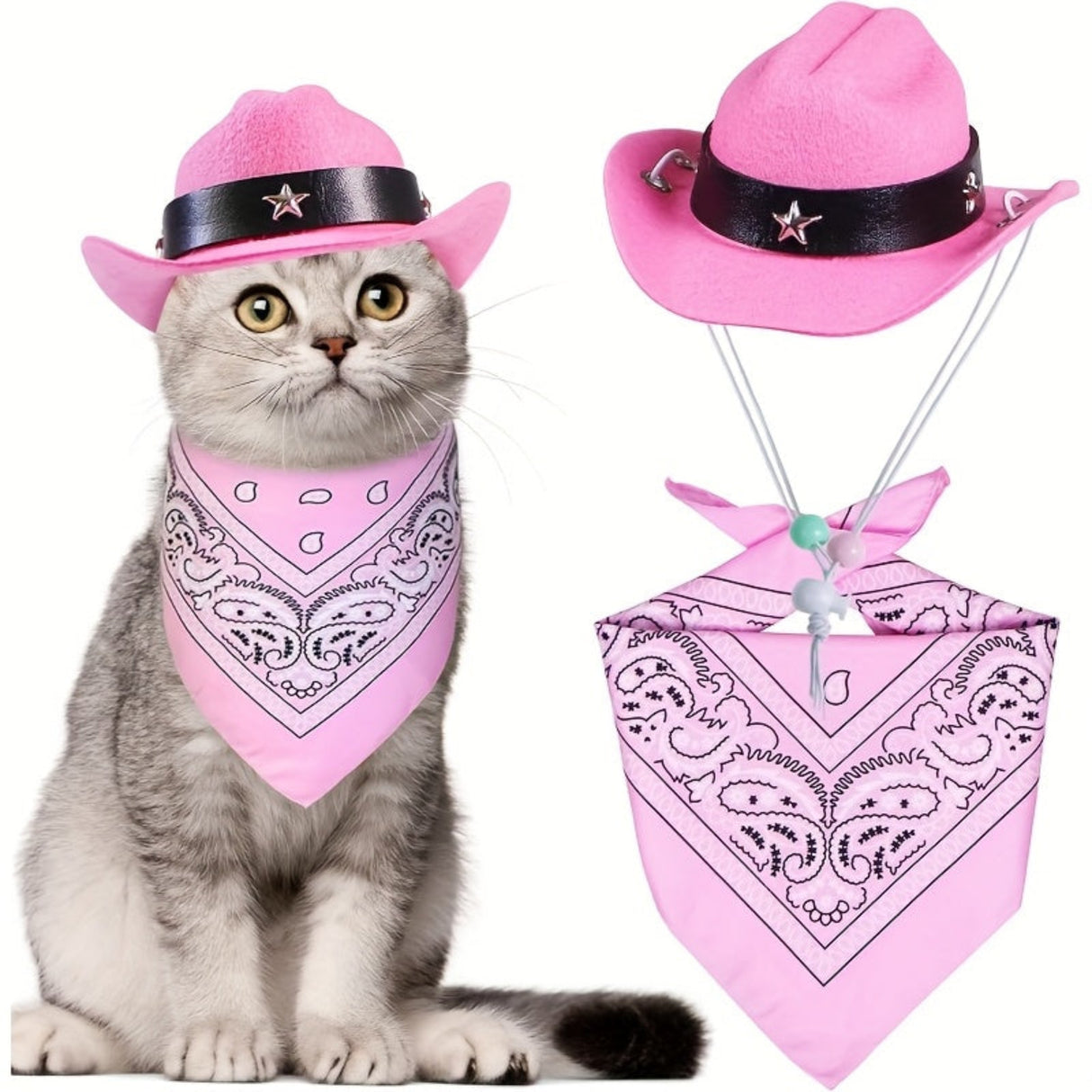 Western Cowboy Pet Hat Two-Piece Western Cowboy Style Pet Hat and Scarf Neck Gaiter | Machine Washable, Four-Season Polyester Knit Accessories, Suitable for Dogs and Cats - Breed-Specific Design with Drawstring