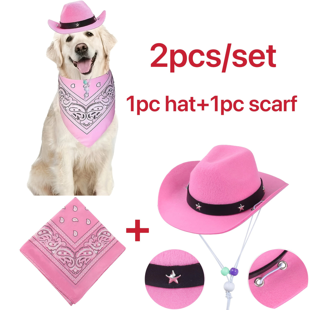 Western Cowboy Pet Hat Two-Piece Western Cowboy Style Pet Hat and Scarf Neck Gaiter | Machine Washable, Four-Season Polyester Knit Accessories, Suitable for Dogs and Cats - Breed-Specific Design with Drawstring
