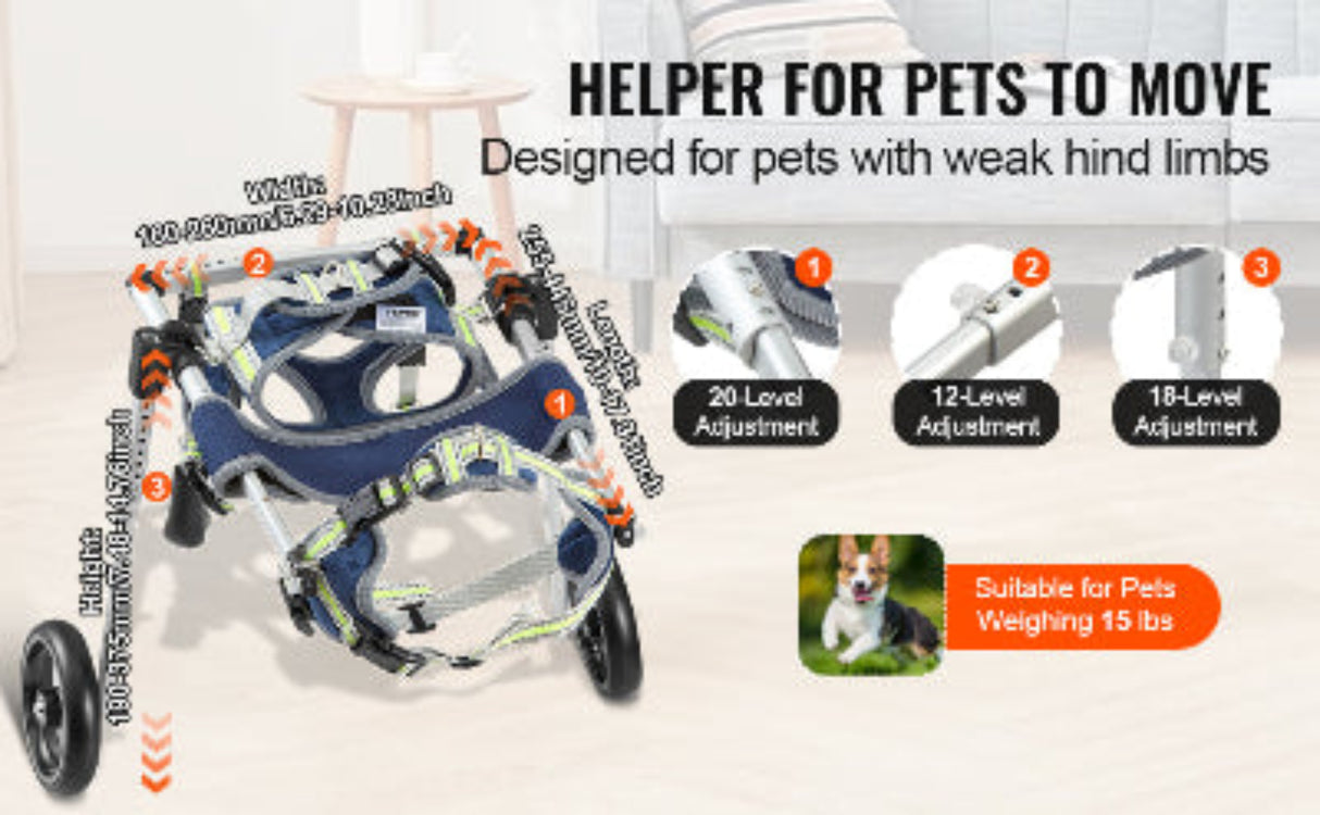 VEVOR 2 Wheels Dog Wheelchair for Back Legs Pet Wheelchair Dog Cart/Wheelchair for Injured Disabled Paralysis Hind Limb Weak Pet