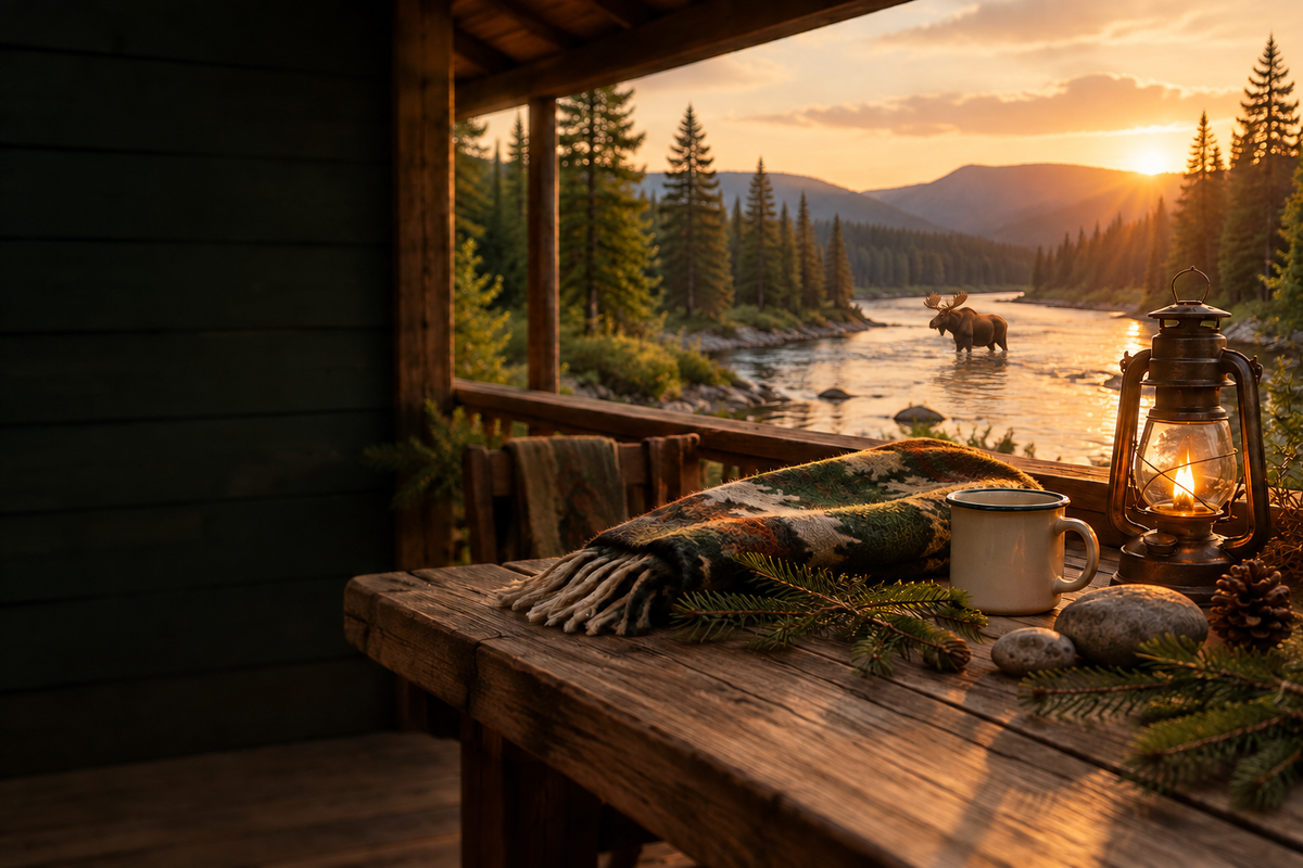 Porch overlooking a river with a moose standing in the water